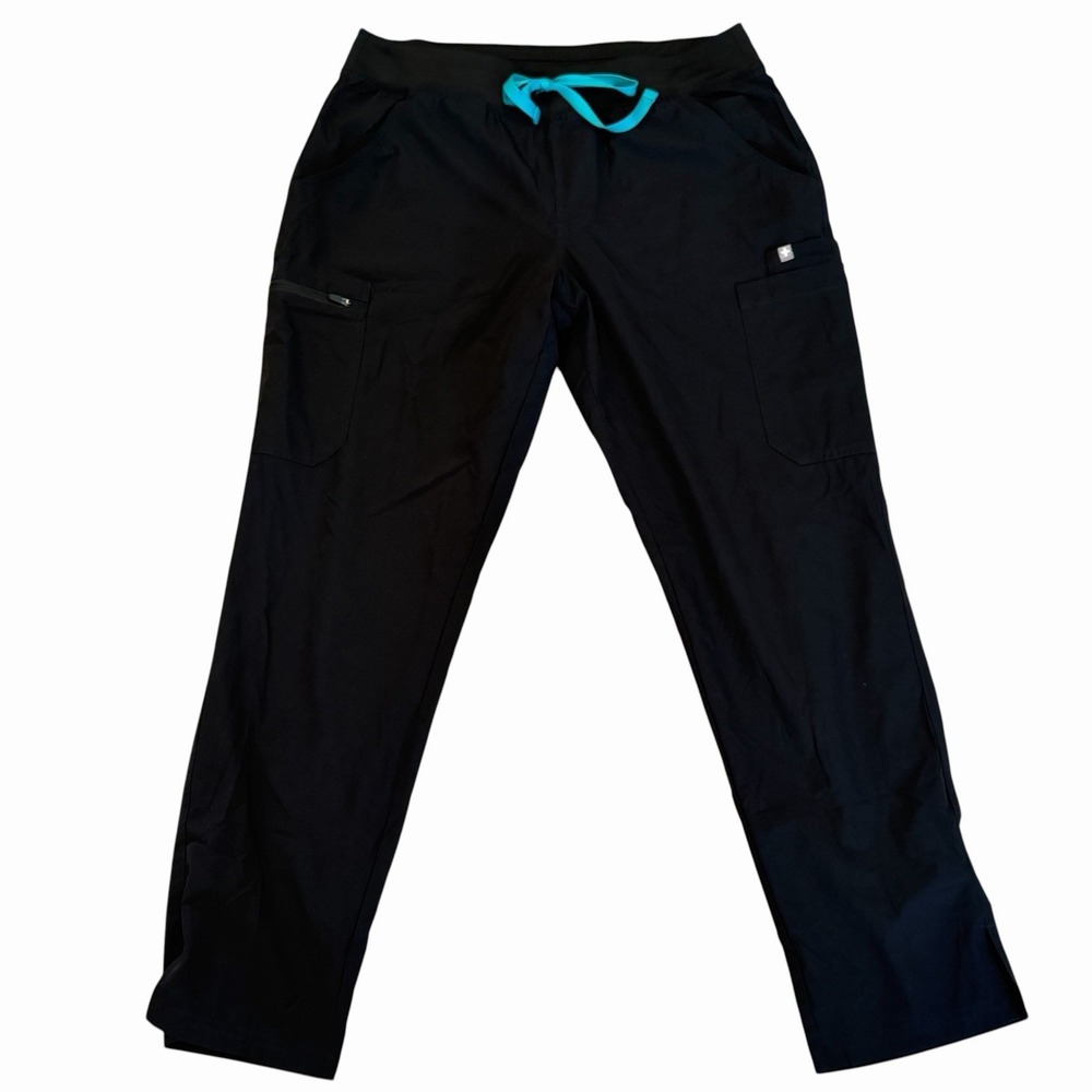FIGS Yola Scrub Pants Black Size Large Cargo Turquoise Tie PO#3997 Nurse Doctor